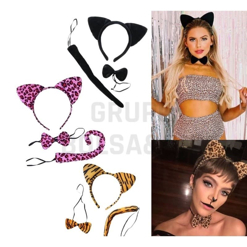 Kit Tiara Gravata e Rabinho Carnaval Fantasia 3 peças