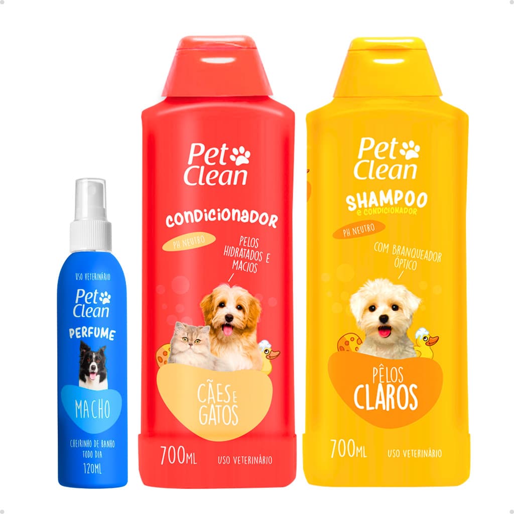 Kit Banho Higiene Shampoo Pelos Claros Creme Condicionador Perfume Pet Shop Cachorro Gato Pet Clean