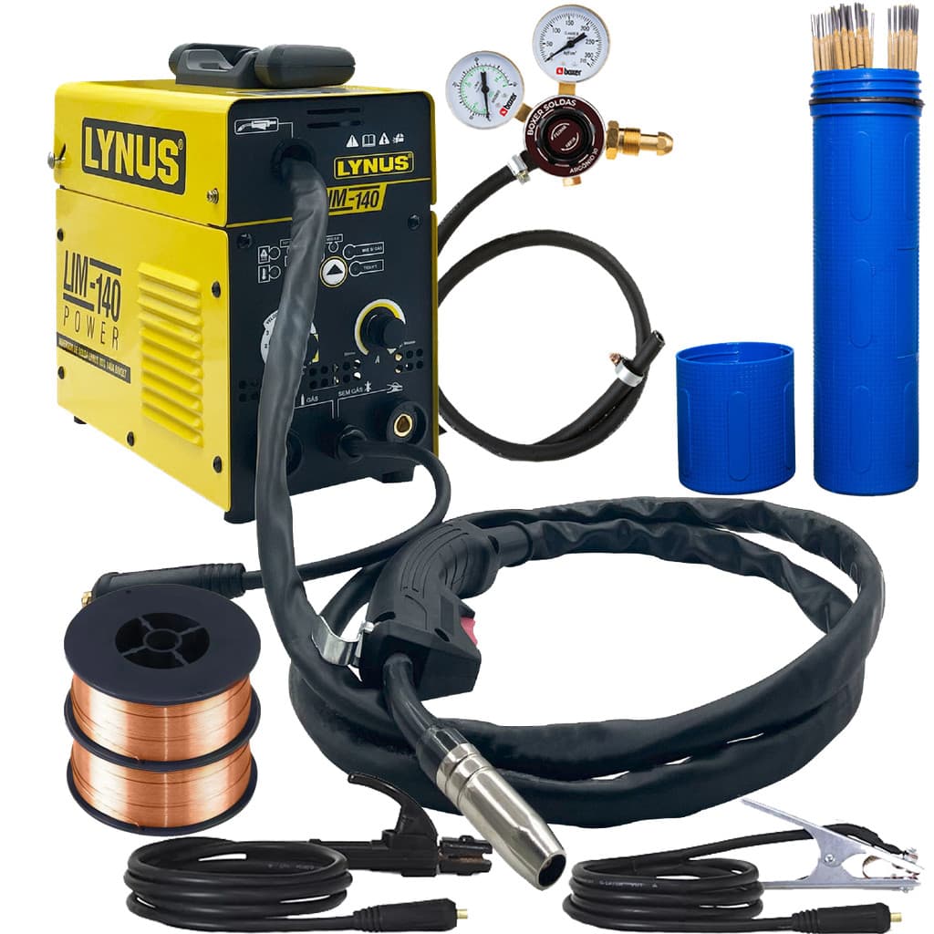 Kit Para Solda Mig E Eletrodo Lim 140 Bivolt Tig Mma Arames 1kg Com Gás Regulador Para Gás Case Portatil Com Eletrodo