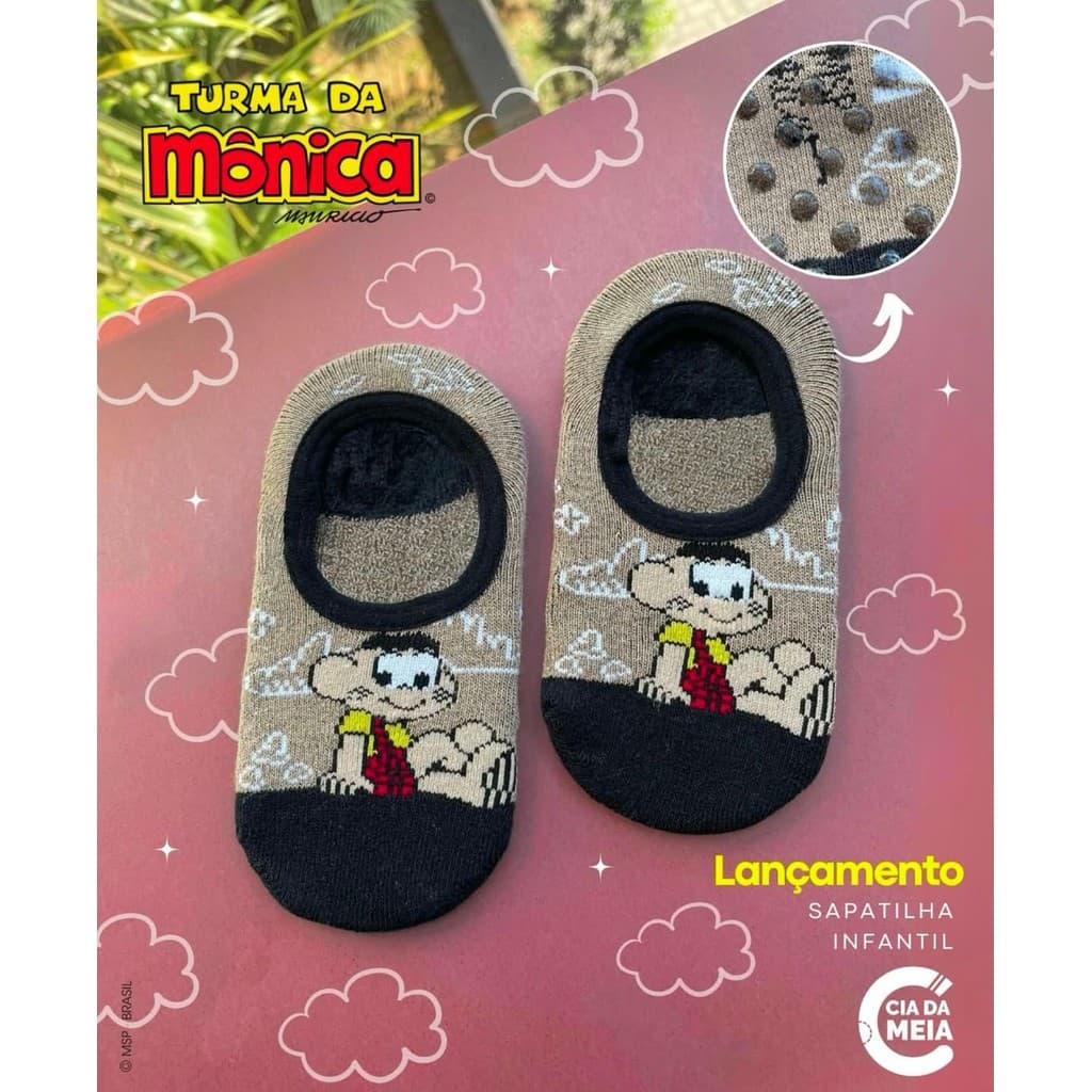 Meia 3D  Sapatilha e Kit Cascão Turma da Mônica Infantil Antiderrapante com faixa Para Crianças Personagem Cia da Meia