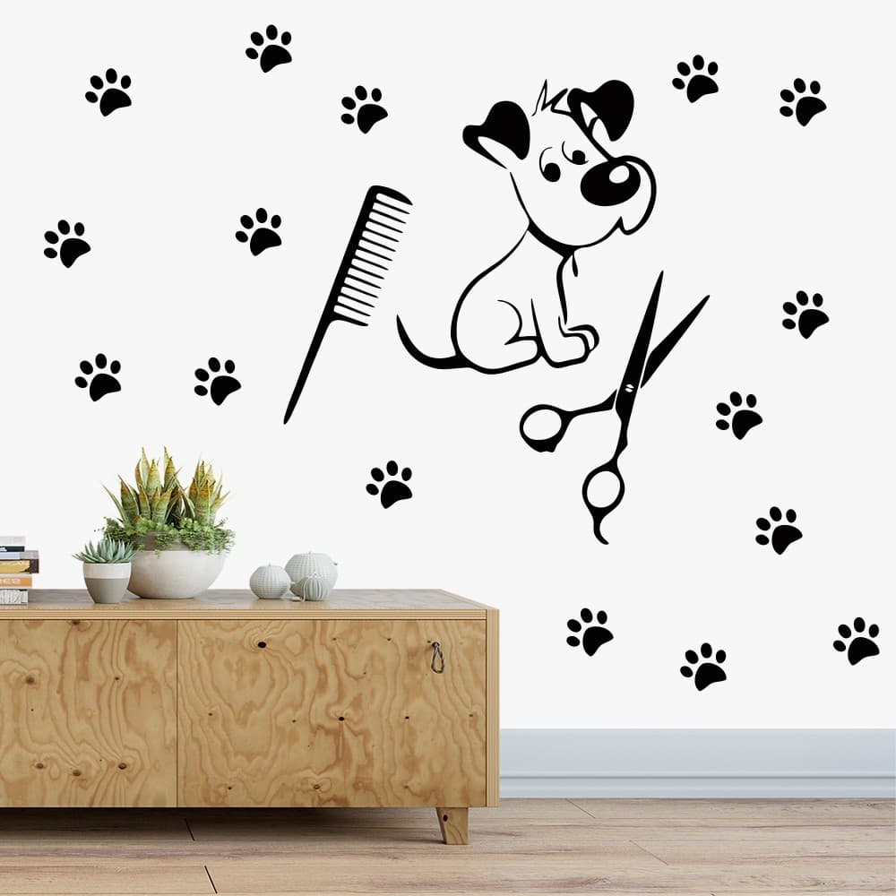 Adesivo De Parede Pet Shop Cachorro Tesoura Pente Patinhas Recorte Decorativo Vinil