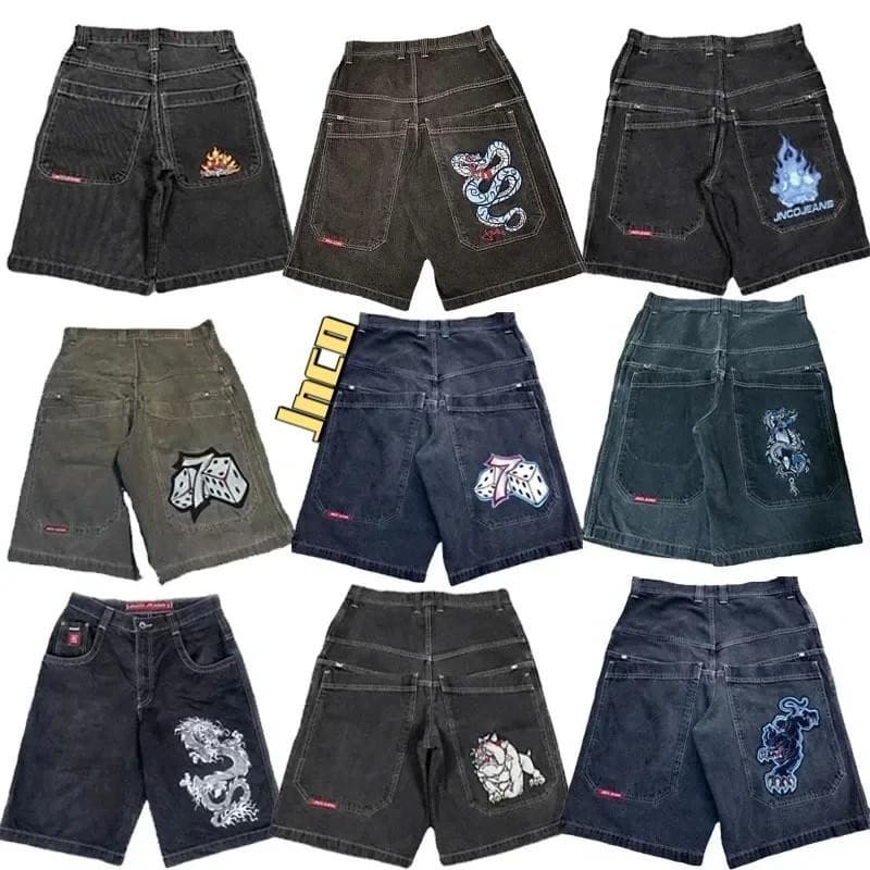 Y2K JNCO Bordados Padrões Hip Hop Loose Shorts Homens Mulheres Calções De Ganga Retro Gótico Basquetebol Streetwear