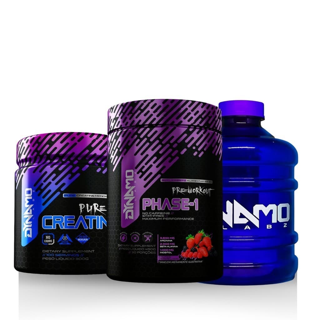 Kit Creatina 100% Pura 300g + Pré-Treino Phase-1 450g + Galão ou Coqueteleira Dynamo Labz