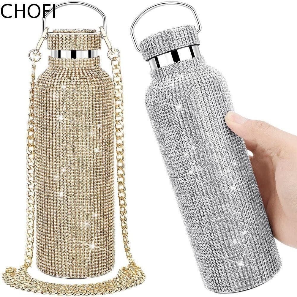 Garrafa De Água Com Strass CHOFI , Copo Glitter De Aço Inoxidável Corrente , Garrafas Térmicas Brilhantes Recarregáveis