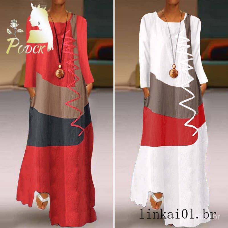 Mulheres Outono Verão Vestido Costura Casual Maxi Manga Longa Túnica Vestidos Robe De Linho De Algodão Das Mulheres