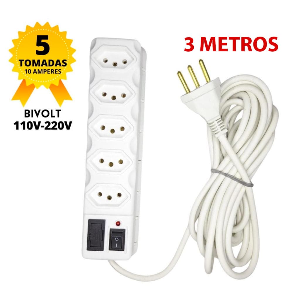 Filtro de Linha Cabo PP 5 Tomadas 3 Metros Branco 10A