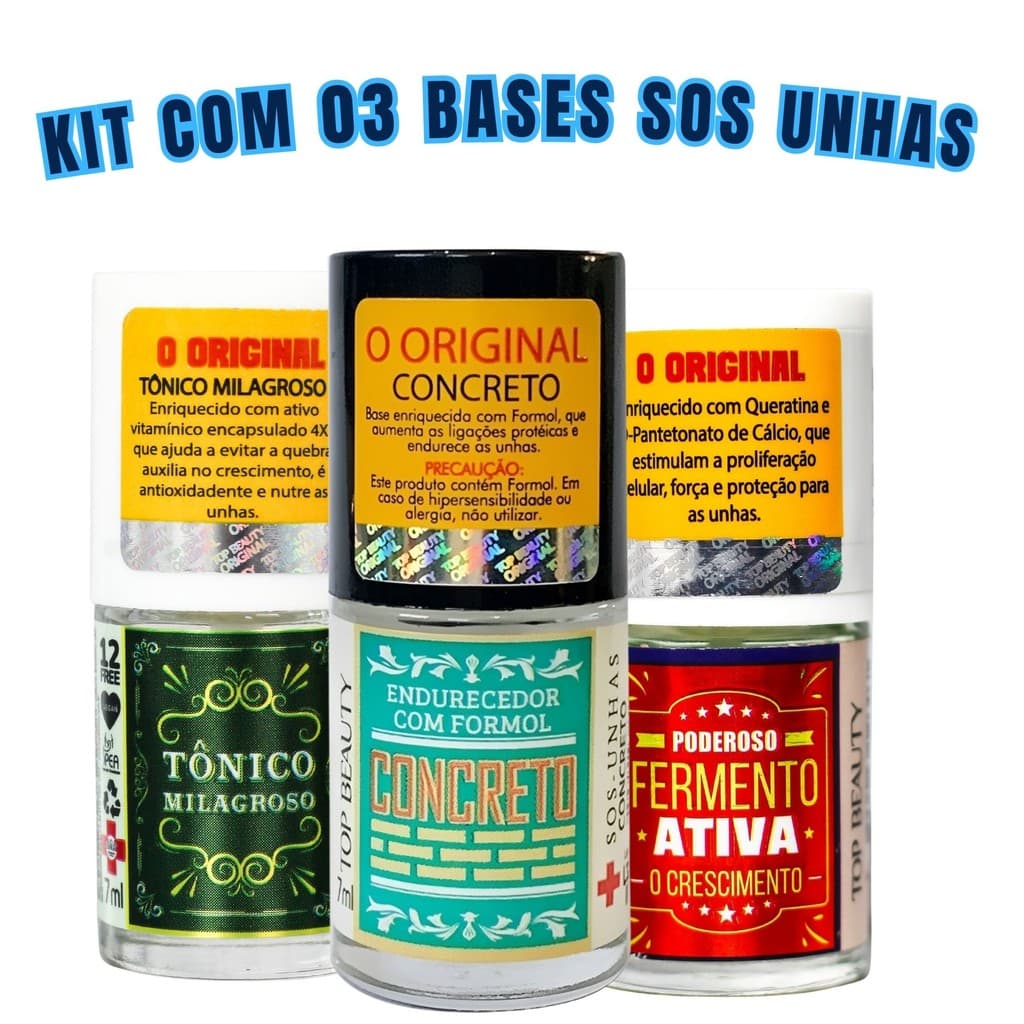 Kit com 03 Bases Tratamento Sos Unhas Top Beauty Concreto + Fermento + Tonico