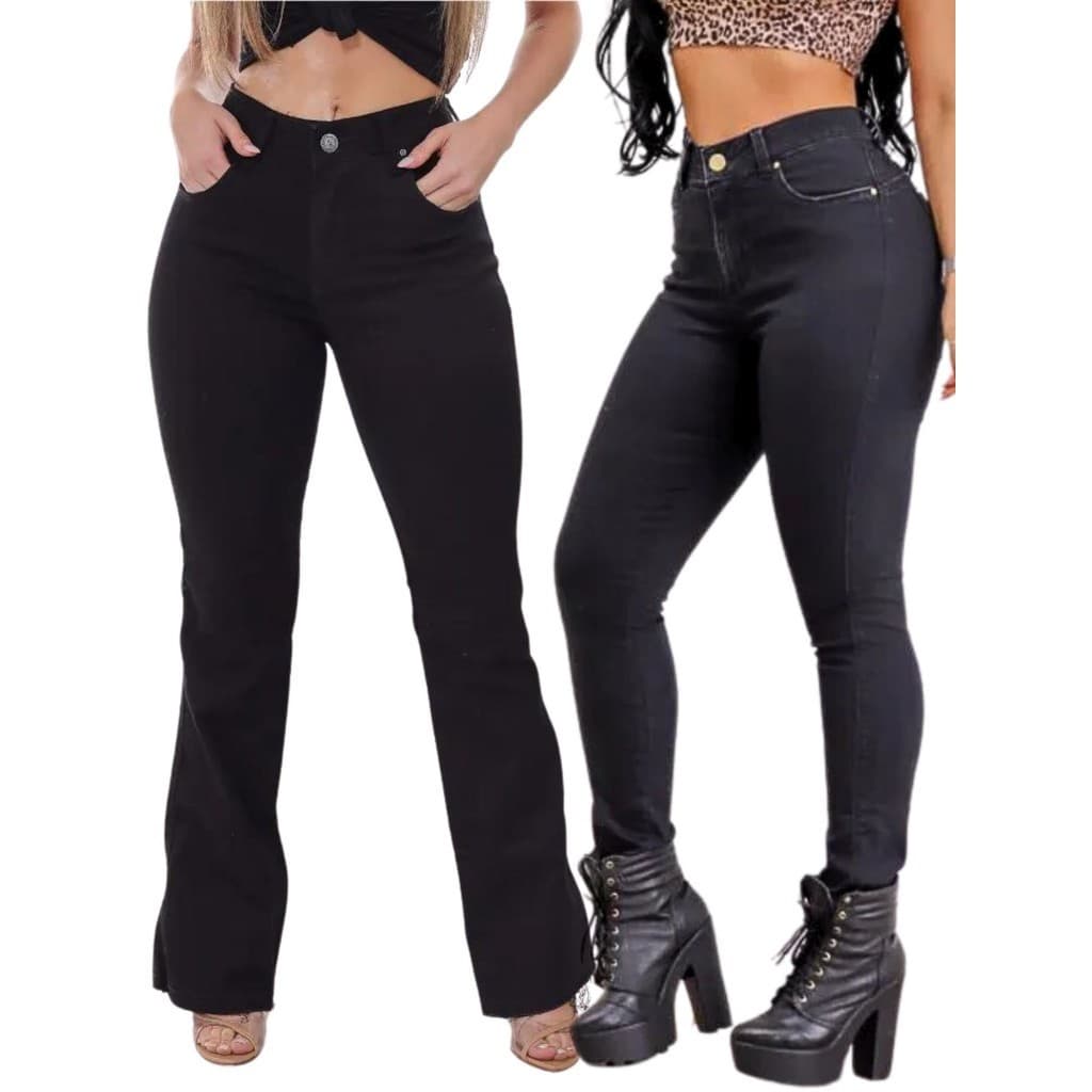 KIT 2 peças - Calça Feminina Flare Jeans Preto e Calça Feminina Skinny Jeans Preto