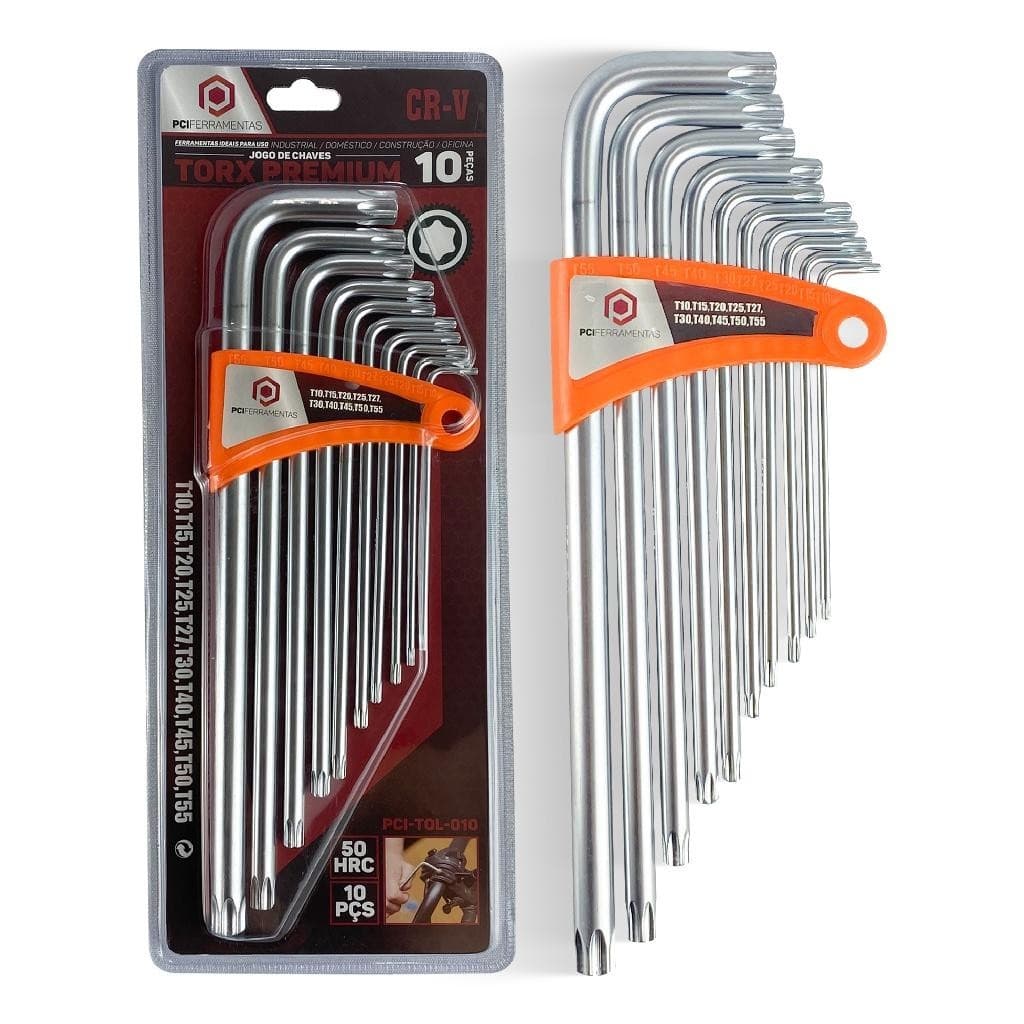 Kit 10 Chaves Hexagoniais T10 a T55 Torx Profissional Com Furo Tipo L Pci Ferramentas