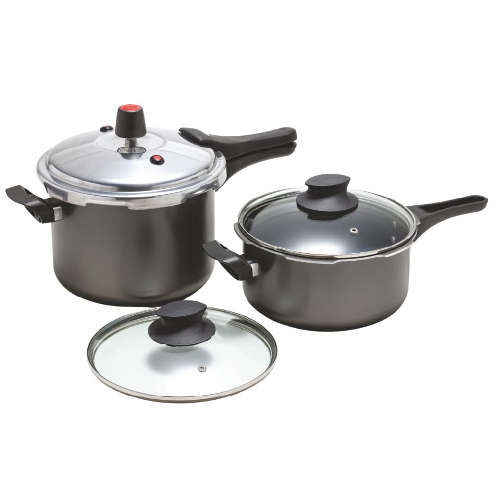 Kit Jogo de Panelas de Pressão 3L e 4,5L Teflon com fechamento externo e tampa de vidro temperado