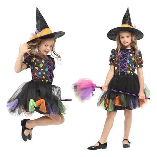 Vestido Traje Infantil Fantasia Halloween Dia das Bruxas Colorido + Chapéu