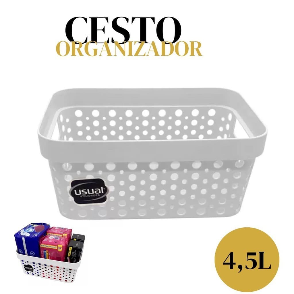 Cesto Organizador Médio sem Tampa Branco 4,5 Litros 25,8x17,4x11,2 Multiuso Usual Utilidades