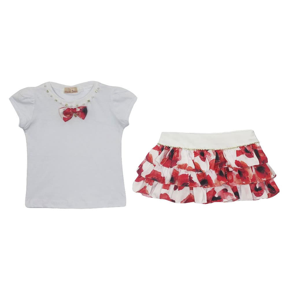 Conjunto Bebê Feminino Verão Blusa Branca Saia Babado Floral