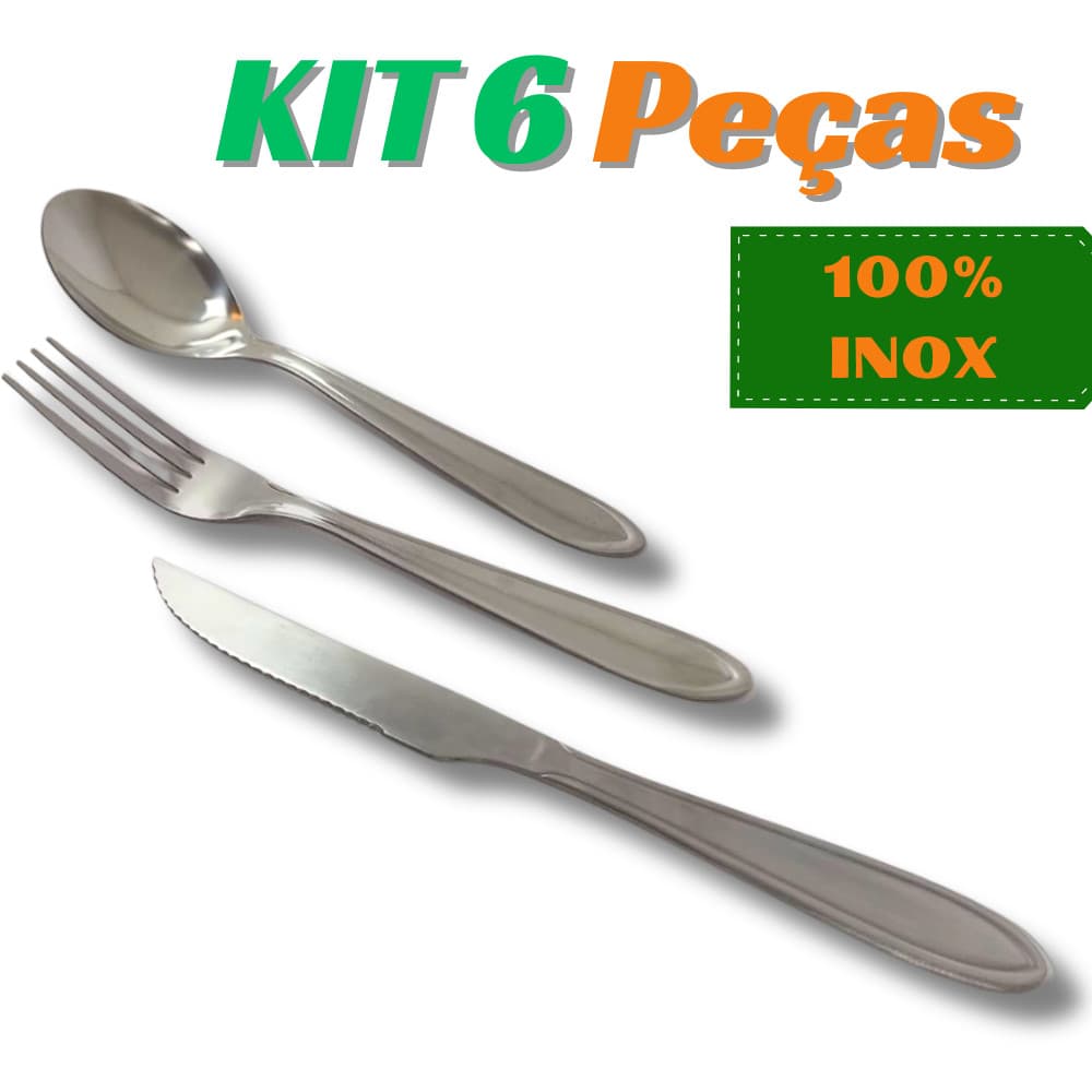 Kit 6 Peças Colher Garfo Faca Talher Aço Inox Polido Buffet
