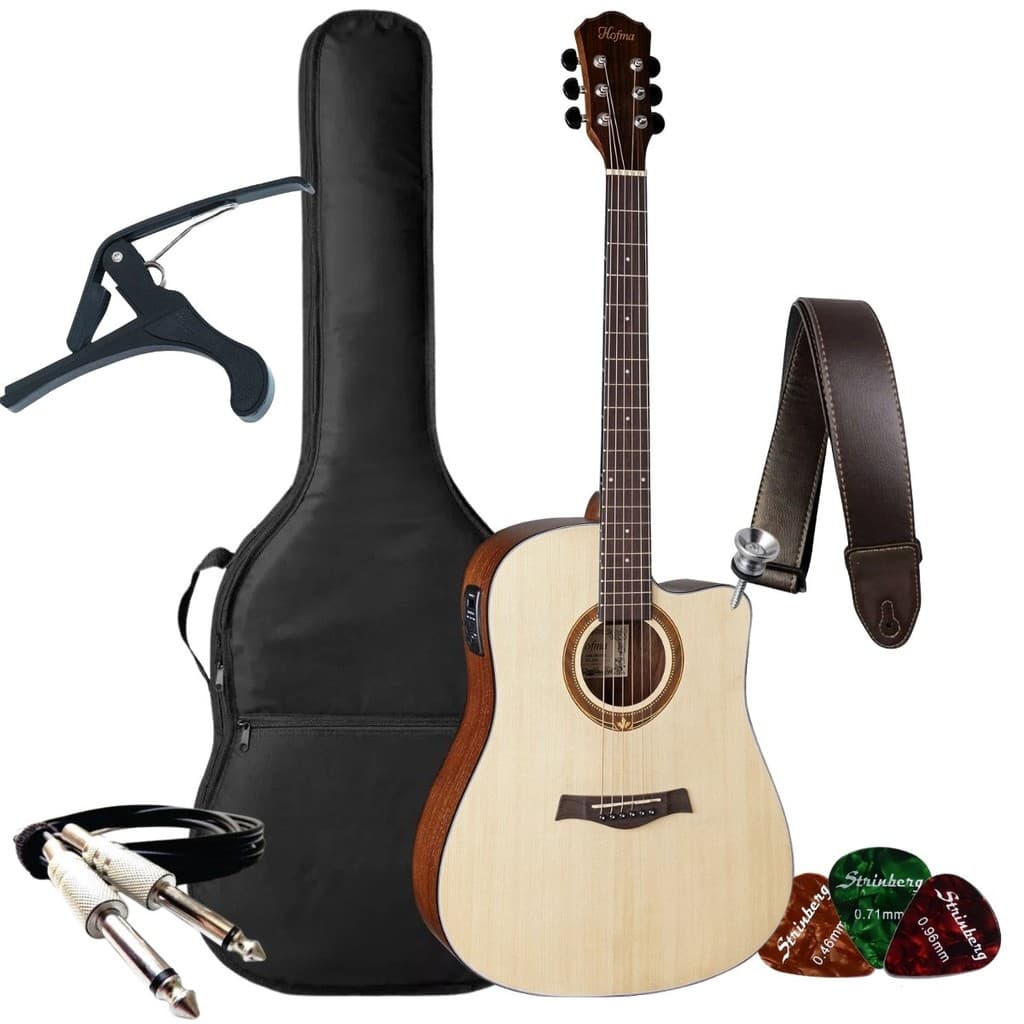 Kit Violão Elétrico Hofma Hmf290 Com Afinador Aço Folk Satin Natural + Acessórios
