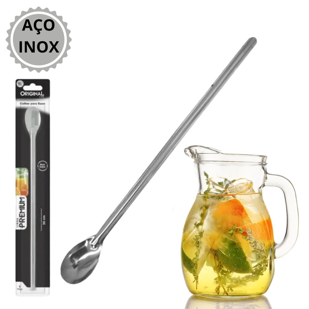 Colher De Suco Longa 30 Cm Para Mexer Suco Leite Copo Jarra Comprida Aço Inox Linha Premium