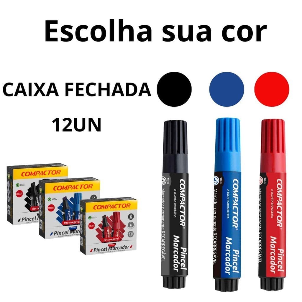 Pincel Marcador Permanente Recarregável Caixa com 12 Unidades Preto Vermelho Azul Escolha Sua Cor