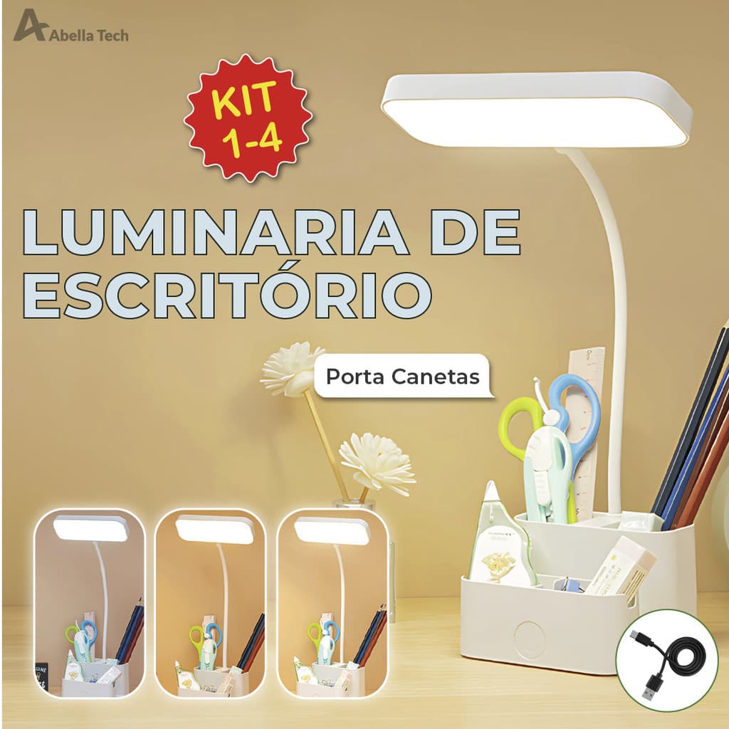 Luminária de Mesa Abajur Led Escritório Portátil Porta Canetas Recarregável USB 3 Tons de Luz