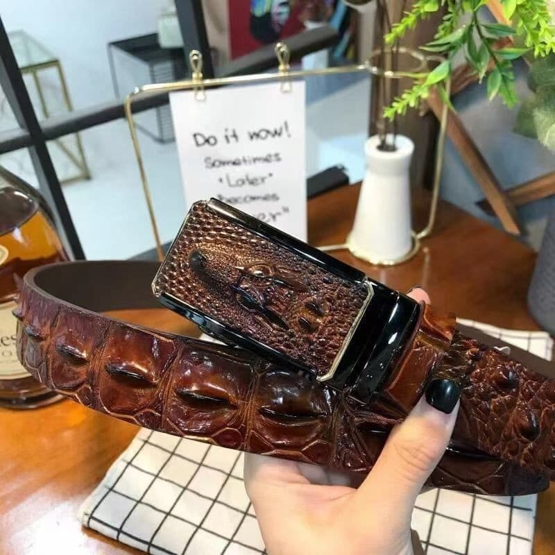 Cinto Masculino Com Padrão De Crocodilo De Couro Genuíno , Camada De Cabeça , Negócios , Tendência Casual Automática De