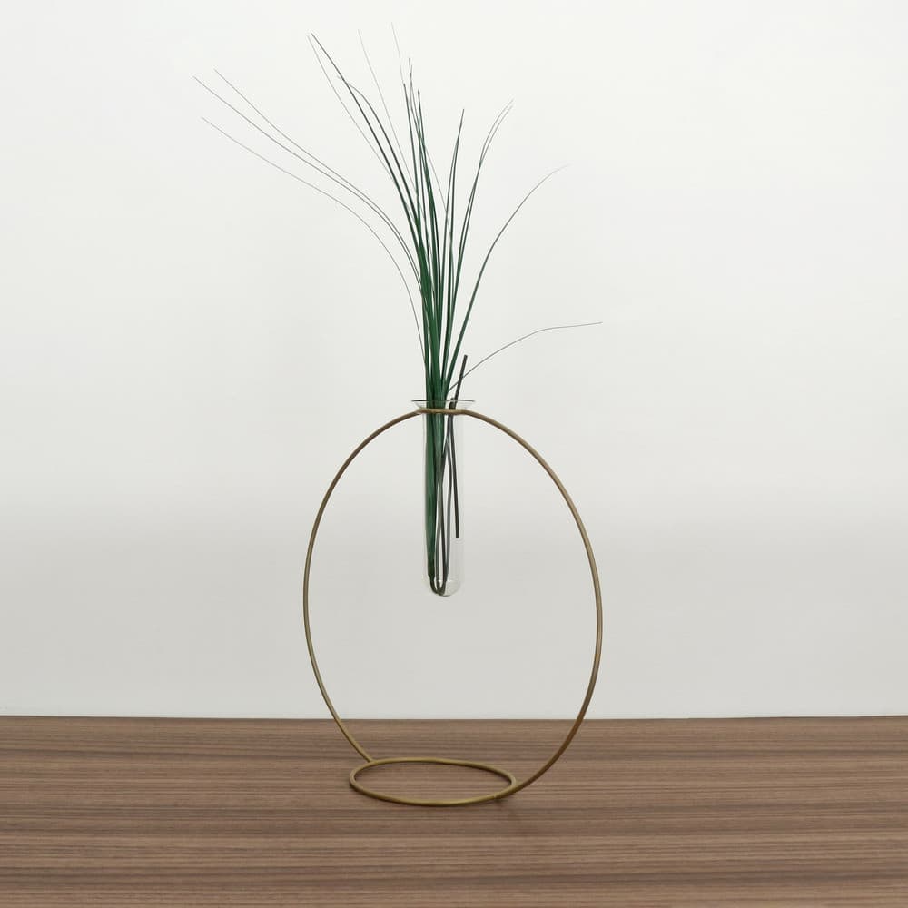 Vaso Tubular em Vidro e Arco Dourado em Metal Plantas 17cm