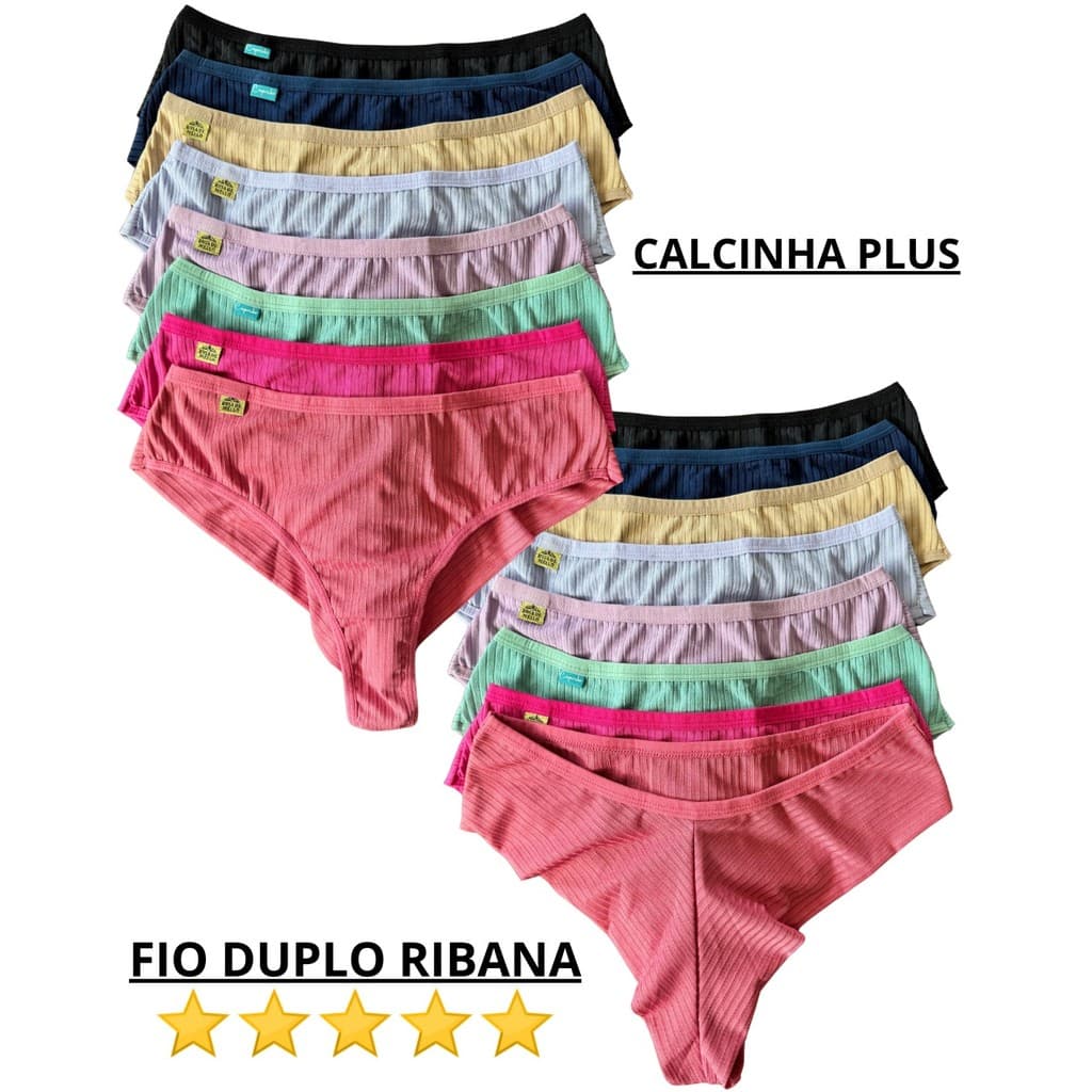 Kit Calcinha Plus Size Fio Duplo Empina Bumbum Ribaninha Qualidade Conforto Forro Algodão Canelado