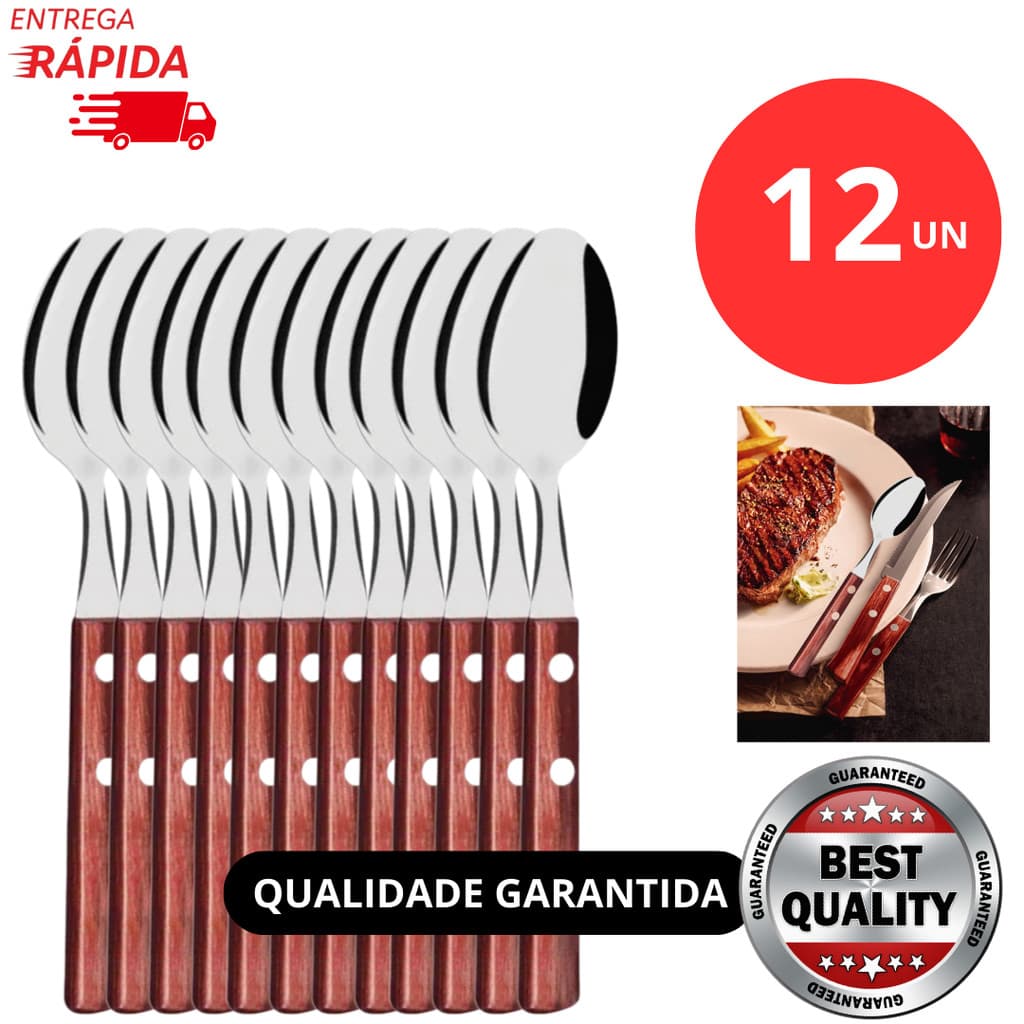 Jogo 12 ou 6 Peças De Talher Colher Cabo Madeira em Aço Inox Colher de Mesa Restaurante Jantar