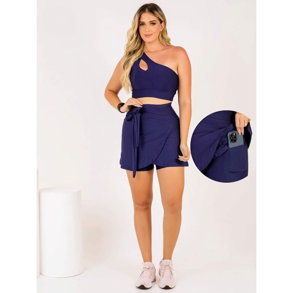 Conjunto Short Saia Fitness Feminino Com Laço e Bolso + Top Cropped Transversal  Beach Tênnis Academia Treino The Start