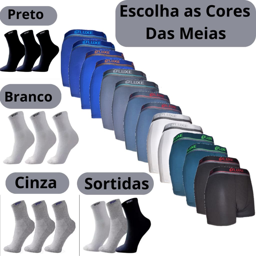 Kit 10 Cueca Boxer Box Masculino Laycra Original+12 Pares de Meia Cano Alto Preta/Sortida Algodão