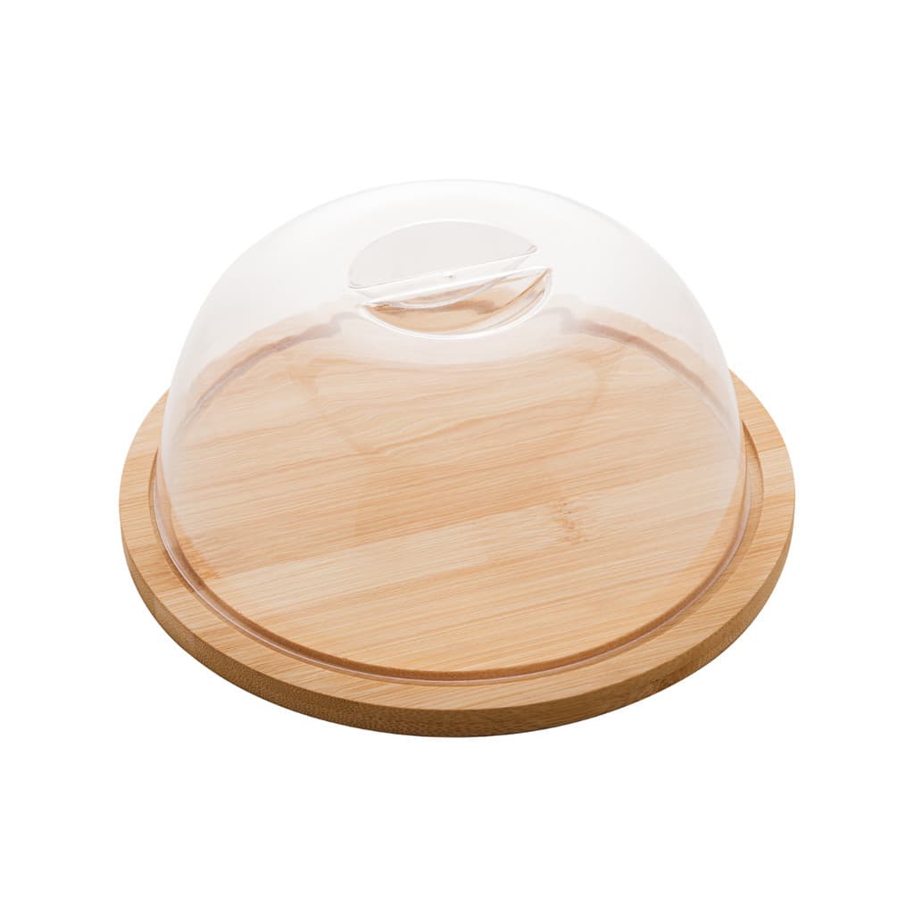 Queijeira Porta Queijo Boleira Redondo Base Bambu Natural Cúpula Com Pega Em Acrílico Multiuso Mesa