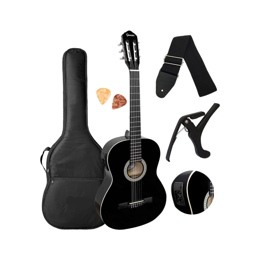 Violao Preto Elétrico Nylon Adulto Destro Giannini Start N-14 EQ BK Clássico + Acessórios