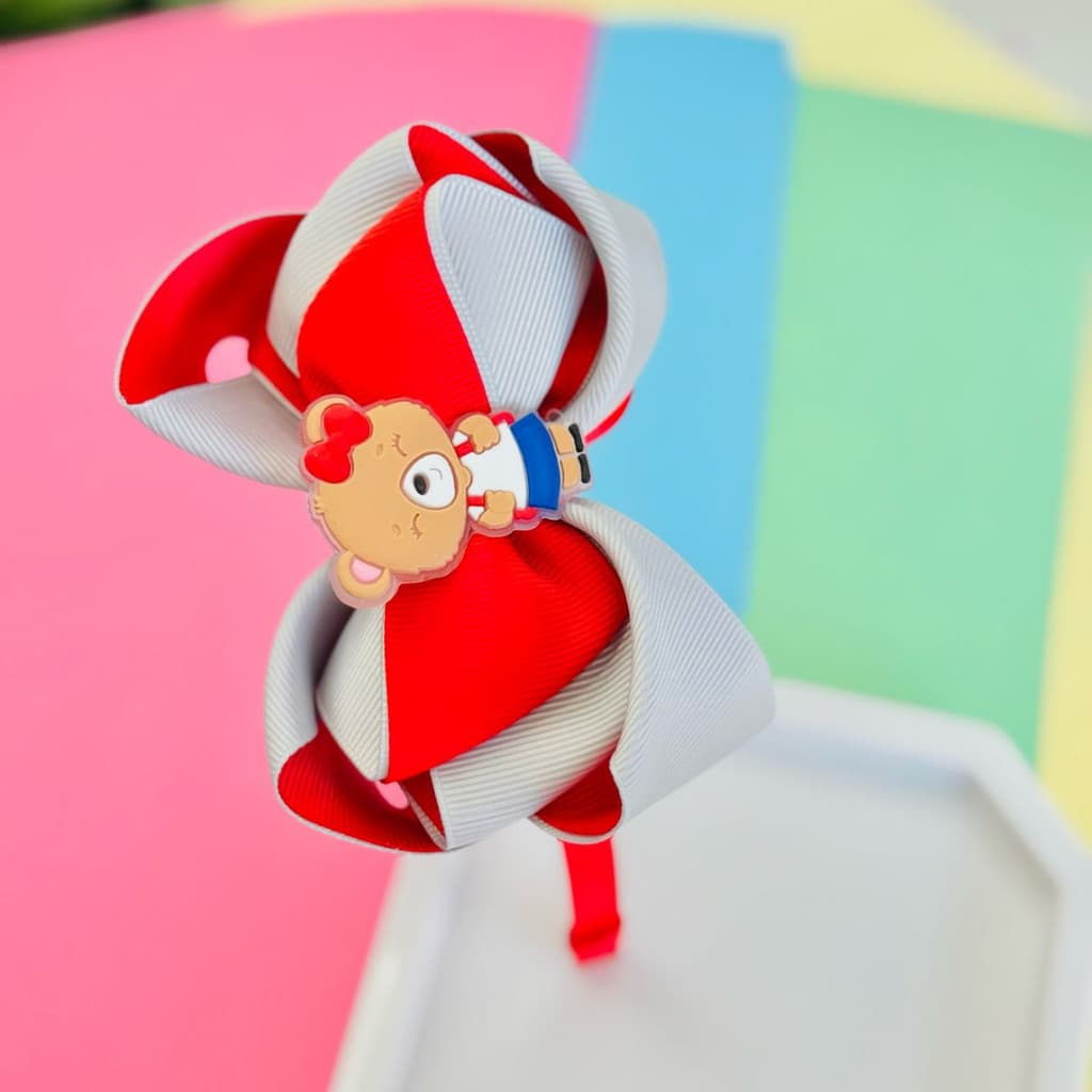 Tiara escolar   / Tiara infantil/ arco infantil/ tiara cinza  e vermelho / Laço O / aplique urso