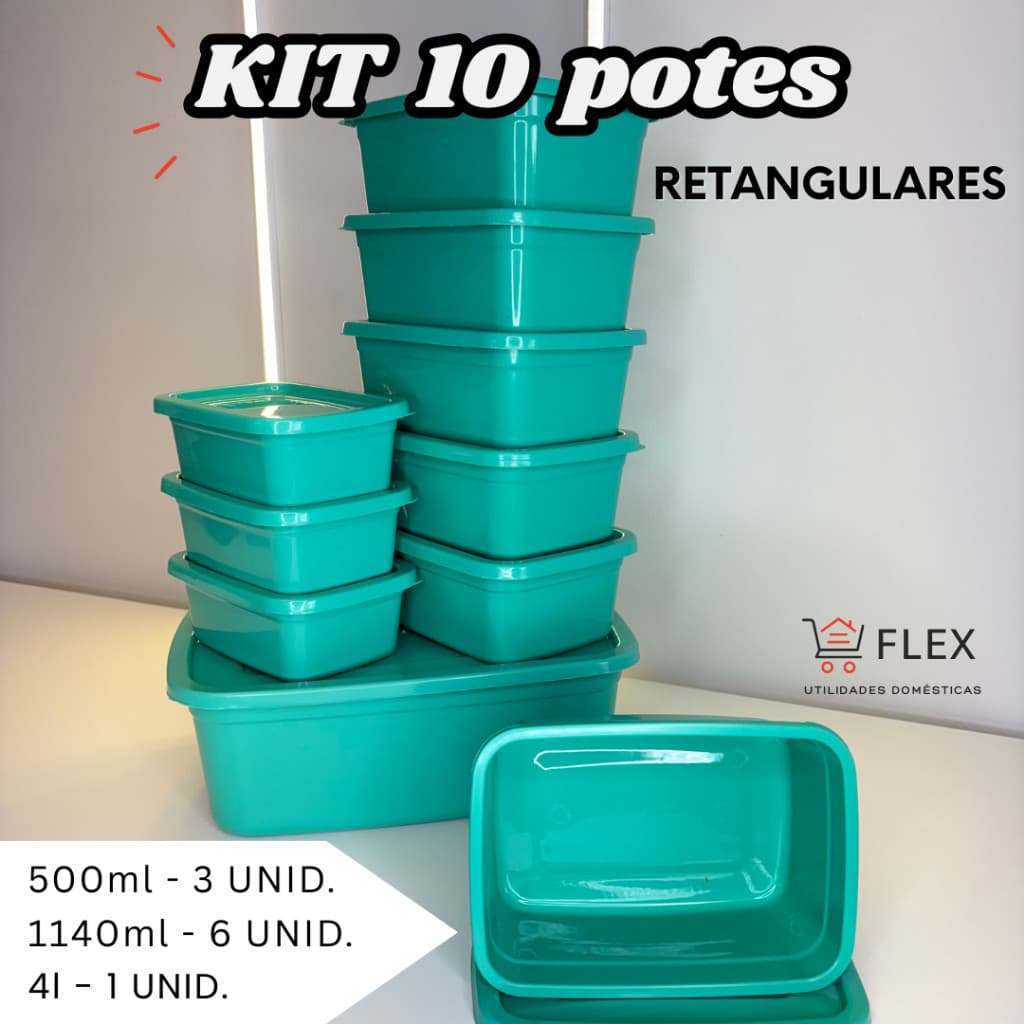 Kit 10 Potes Retangulares - Tamanho P M G - Marmita - Vai ao Freezer, Micro-ondas e Lava Louças