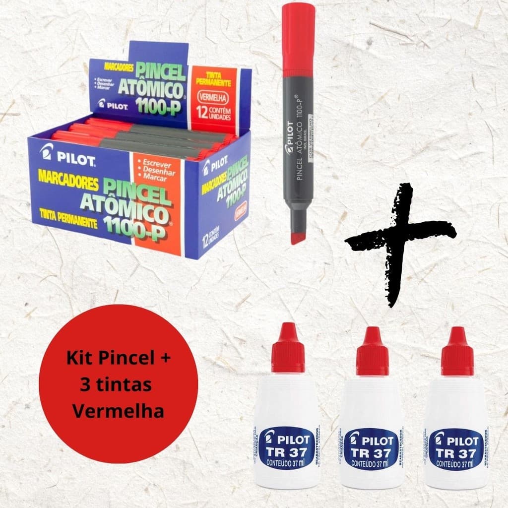 12 PINCEL ATOMICO 1100-P PILOT VERMELHO + 3 TINTAS REABASTECEDOR VERMELHO PILOT P/ PINCEL PERMANENTE