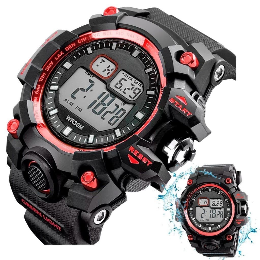 Relogio premium digital esportivo prova dagua masculino robusto alarme vermelho esportivo preto