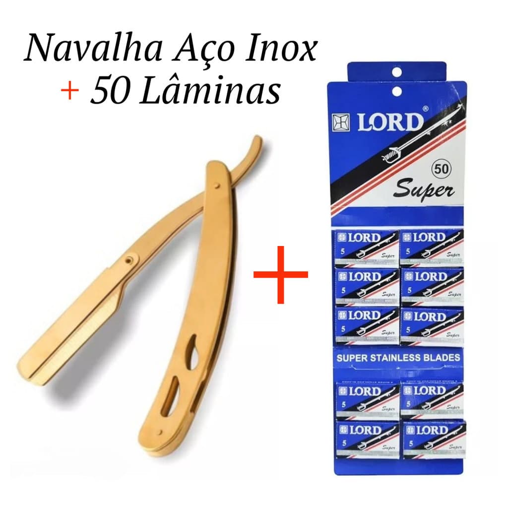 Navalha Navalhete Barbeiro Aço Inox Gold Profissional + 50 LÂMINAS