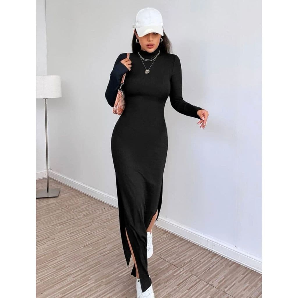 Vestido longo com fenda lateral cacharrel costas nua preto