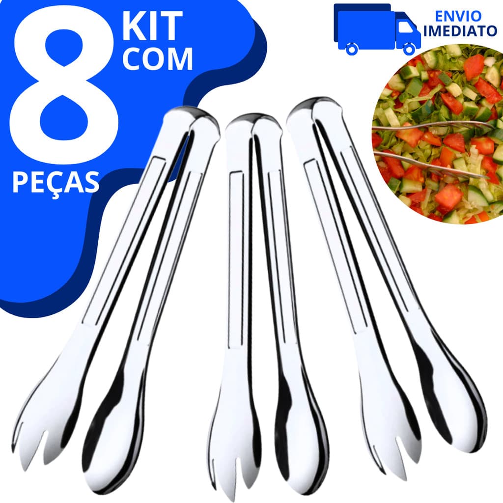 Kit com 8 Pegador de Saladas Macarrão Em Aço Inox Profissional 20cm Pegador Universal