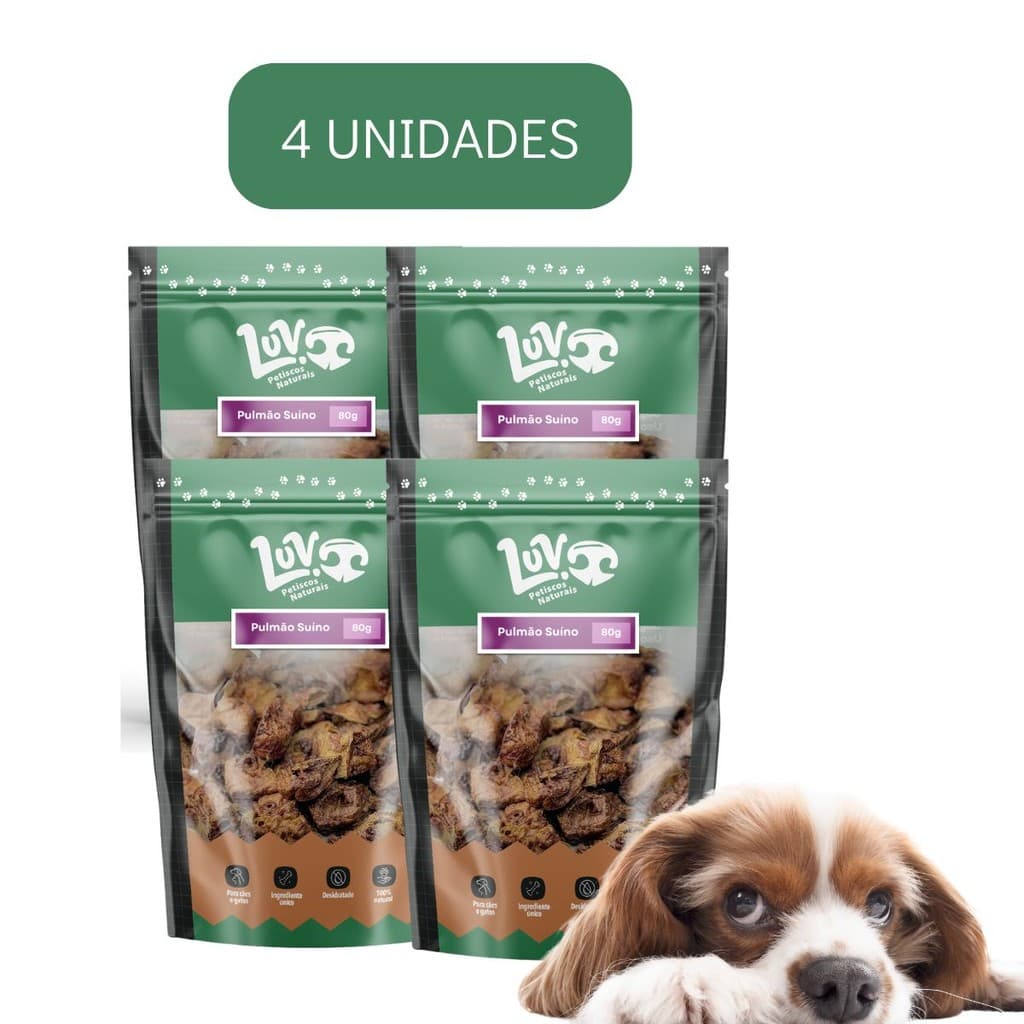 Kit 4un Petisco Natural Desidratado Luv Para Cães Pulmao Suino 80g
