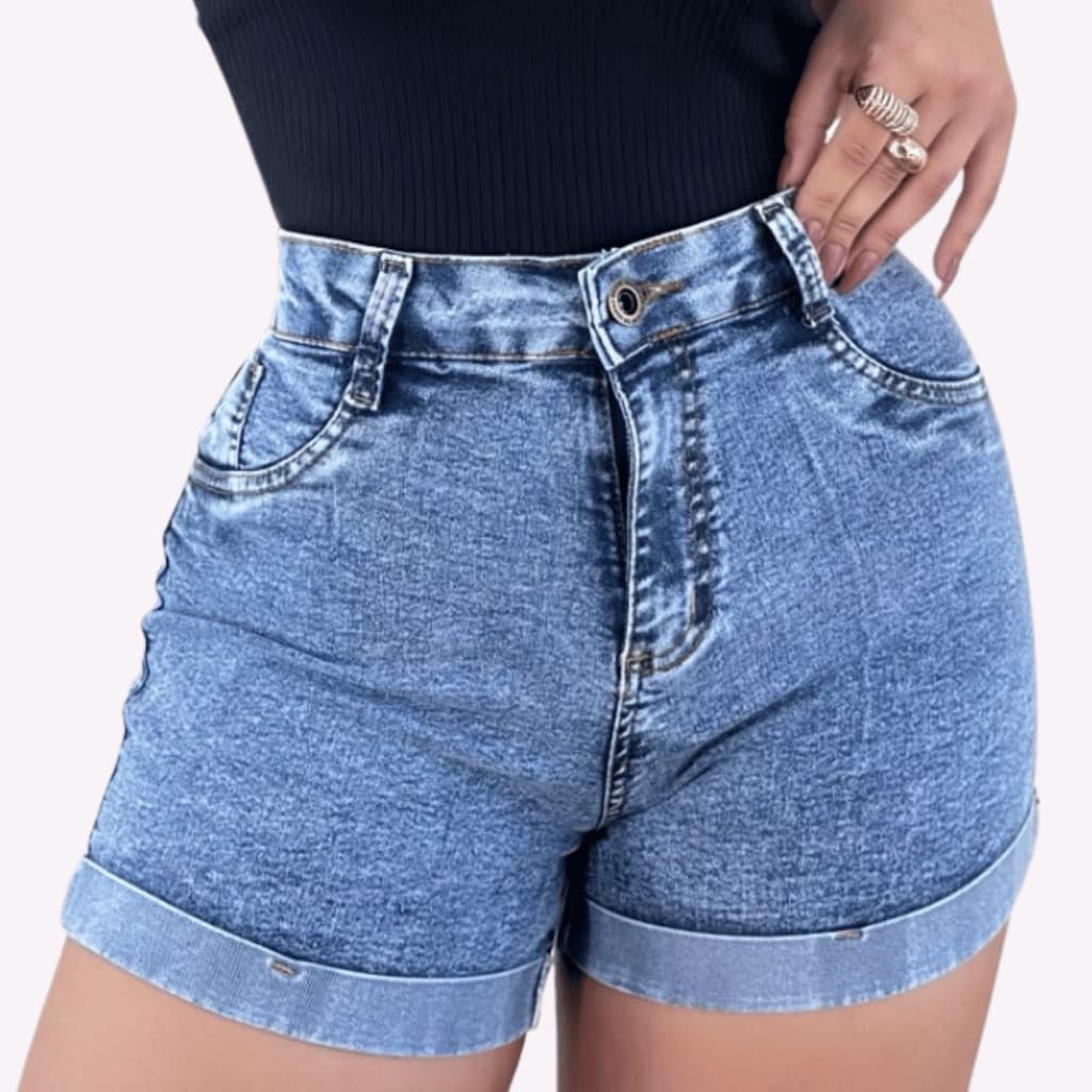 Short Jeans Feminino com Lycra Marmorizado Cintura Alta Fecho Botão e Zíper Estilo e Conforto