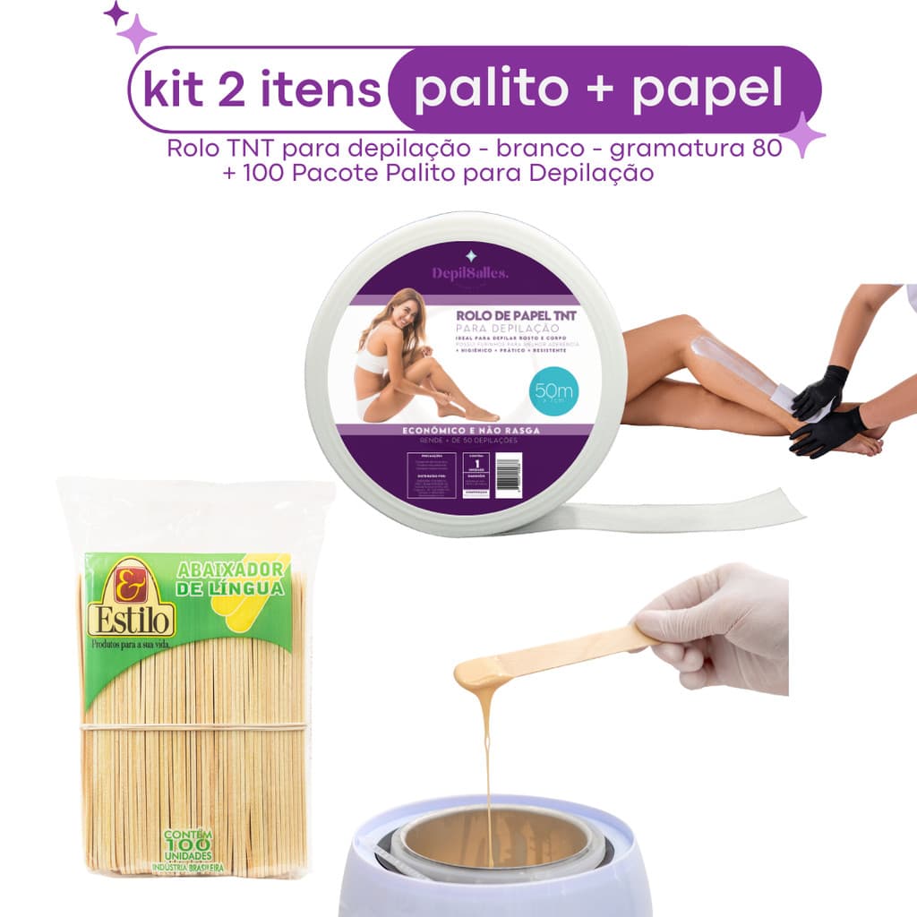 Kit 100 Palito Abaixador de Lingua Depilação + 1 Rolo de Papel TNT para Depilação 50m x 7cm
