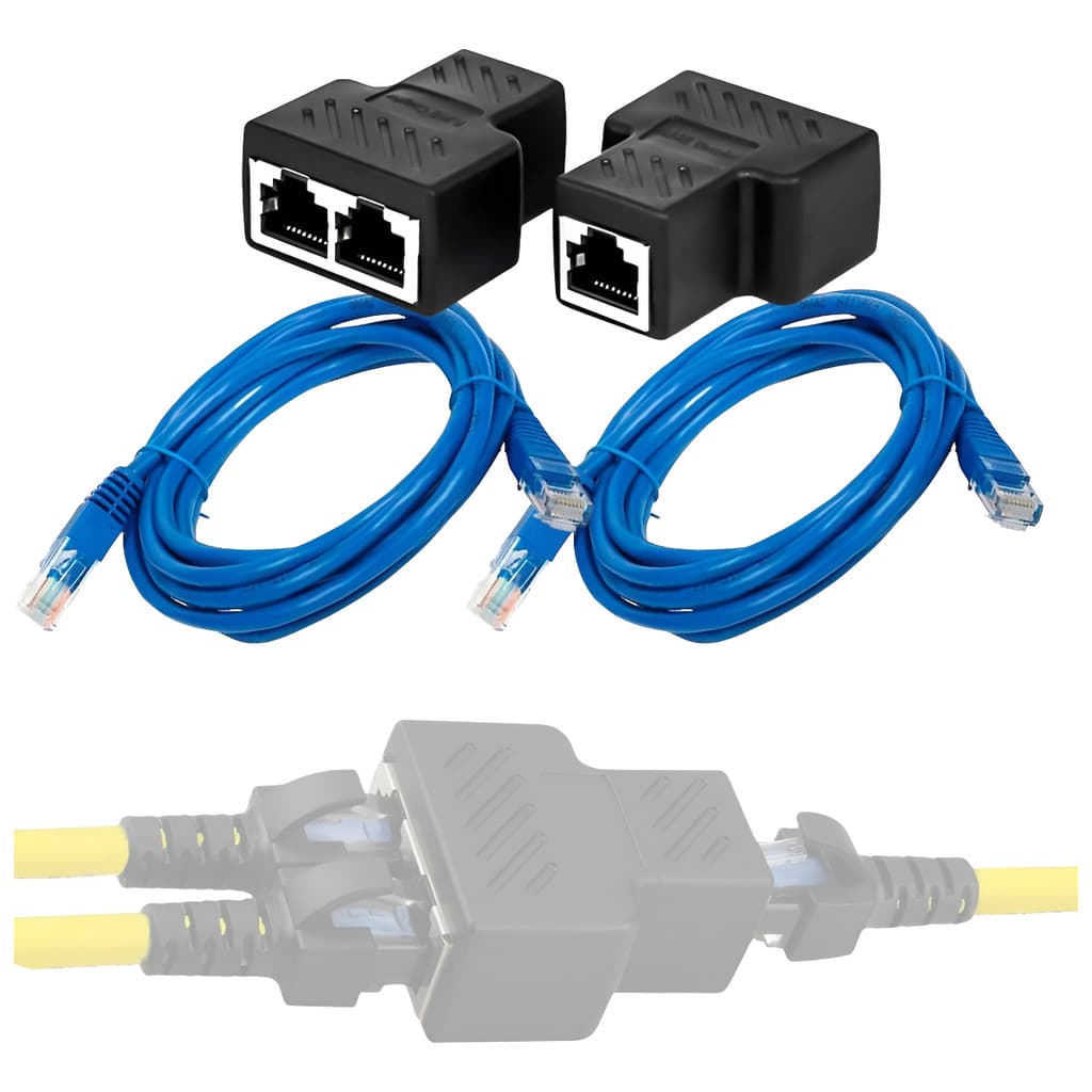 Adaptador RJ45 Duplicador Rede Divisor Sinal Extensor + 2 Cabos 3 Metros 3m