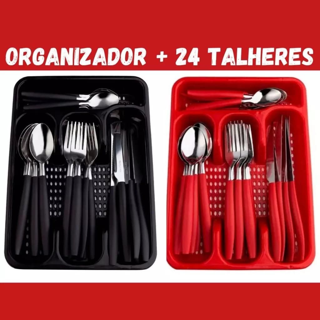 Jogo De 25 Talheres Premium Inox Conjunto Peças Faqueiro Garfo Colher + Kit Suporte Gaveteiro