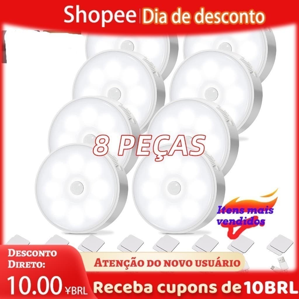 Kit 8 LUZ FRIO/LUZ QUENTE Luminárias Lâmpada Led Sem fio com Sensor Presença recarregável,