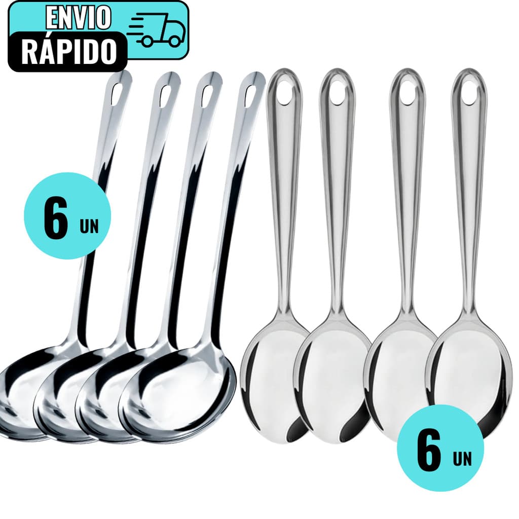 Kit 6 Conchas De Feijão 6 Colheres De Arroz em Aço Inox Premium Para Servir Caldos Arroz Feijão