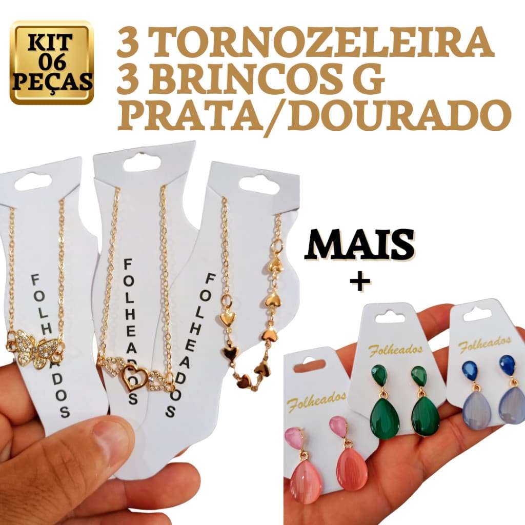 Kit com 3 Tornozeleiras Femininas  + 3 Brincos Banhado a Prata