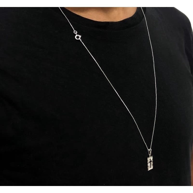 Corrente Veneziana Masculina Aço inox prateado 1mm c/ pingente plaquinha Cruz 004