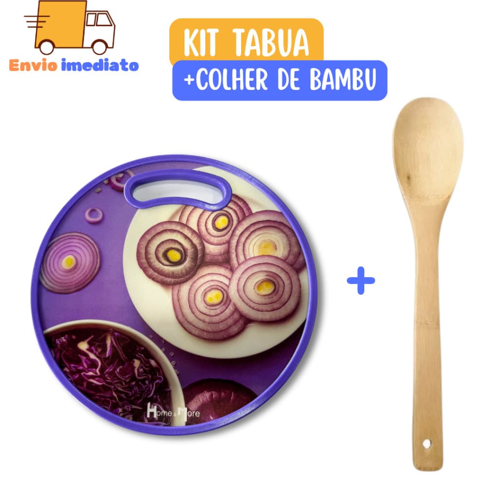Kit de Tabua Redonda 30cm com Colher de Bambu 30cm para Cozinha Área Gourmet