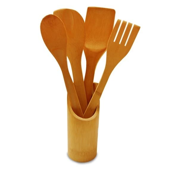 Jogo de Utensilios de Cozinha de Madeira com Suporte Bambu 5 Peças Wincy