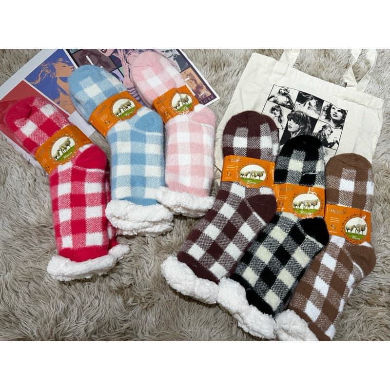Meia térmica adulto feminina com antiderrapante felpuda de lã forrada de inverno grosso 36-41 MODELO XADREZ