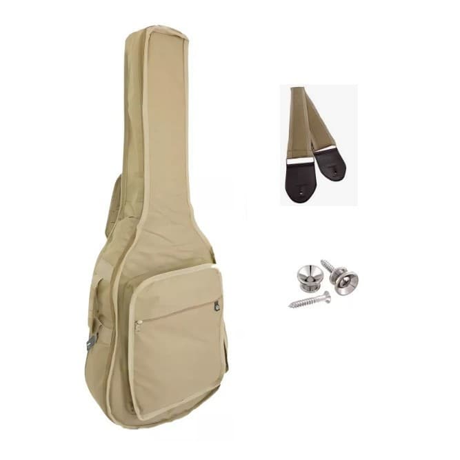 Capa Violão Folk, Bolso Cargo Bege com Correia e Roldanas